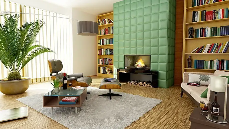 Fireplace with bookshelves on each side