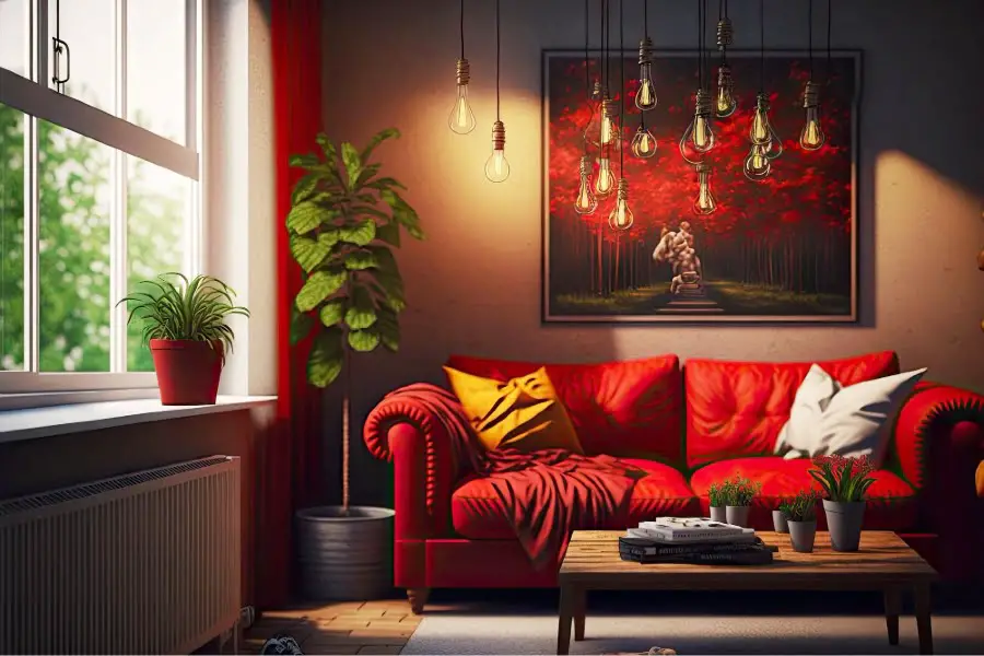 red sofa wooden table