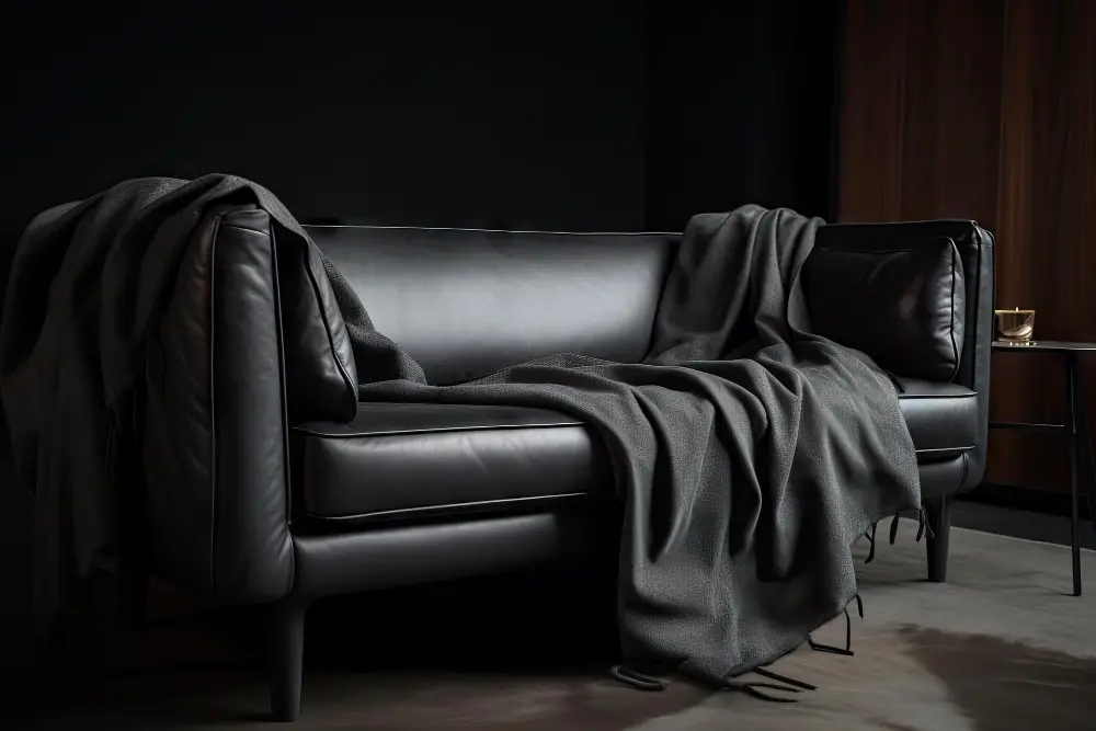 couch leather with blanket