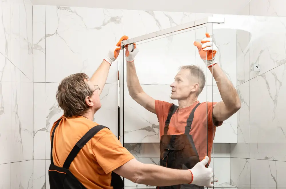 handyman carrying glass door