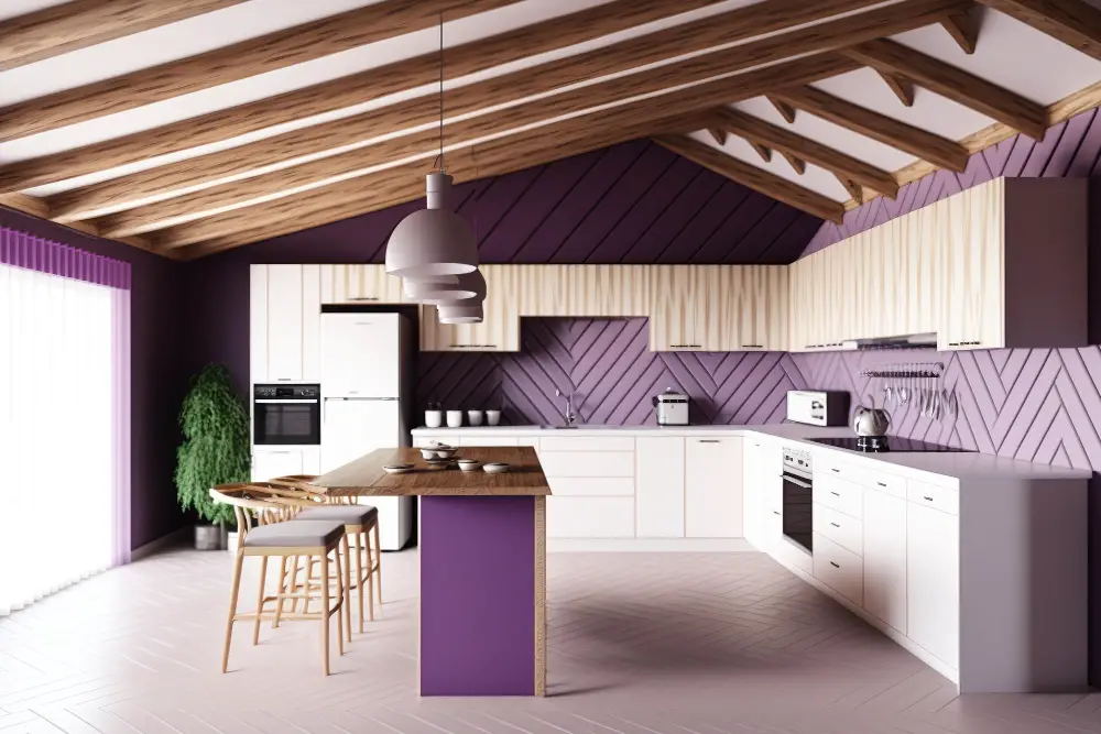 grey kitchen purple wall