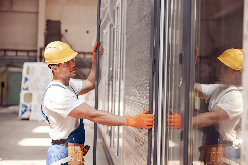worker installing sliding glass door