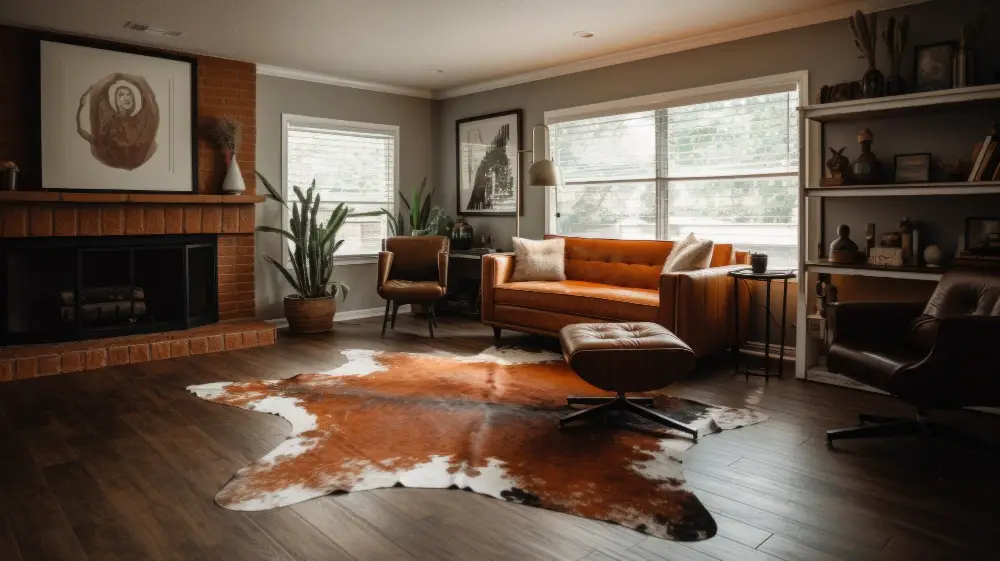 Caramel Couch with bright rug