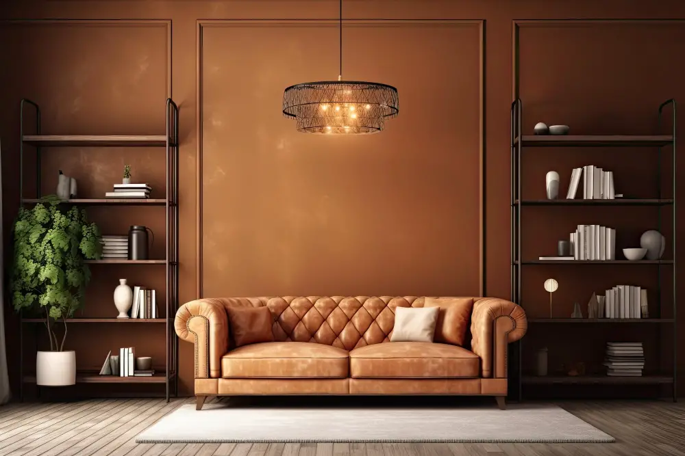 Caramel Couch with brown wall