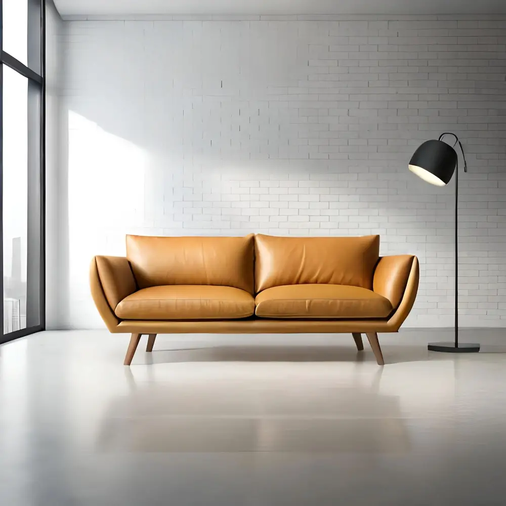 Caramel Couch with floor lamps