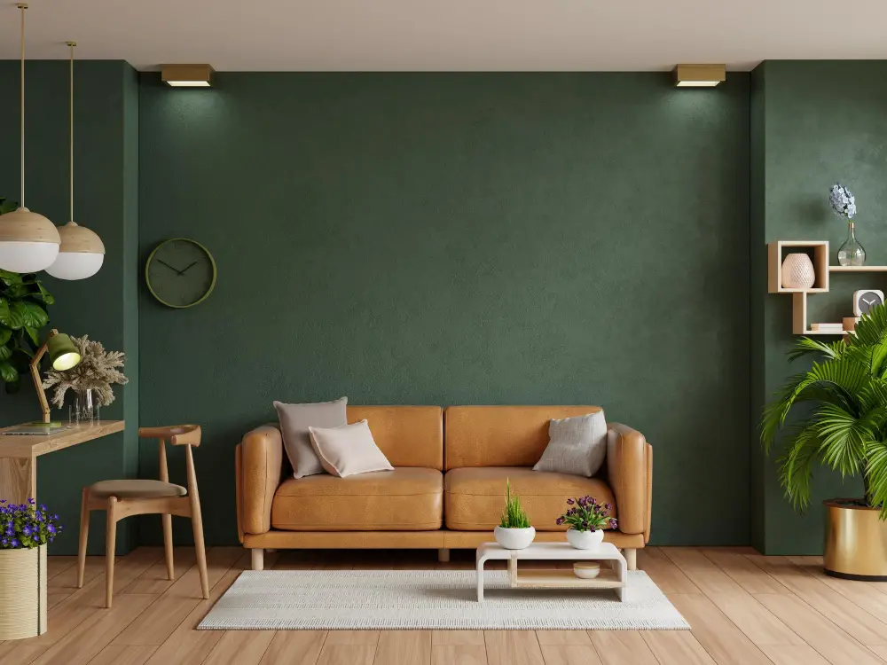 Caramel Couch with green wall