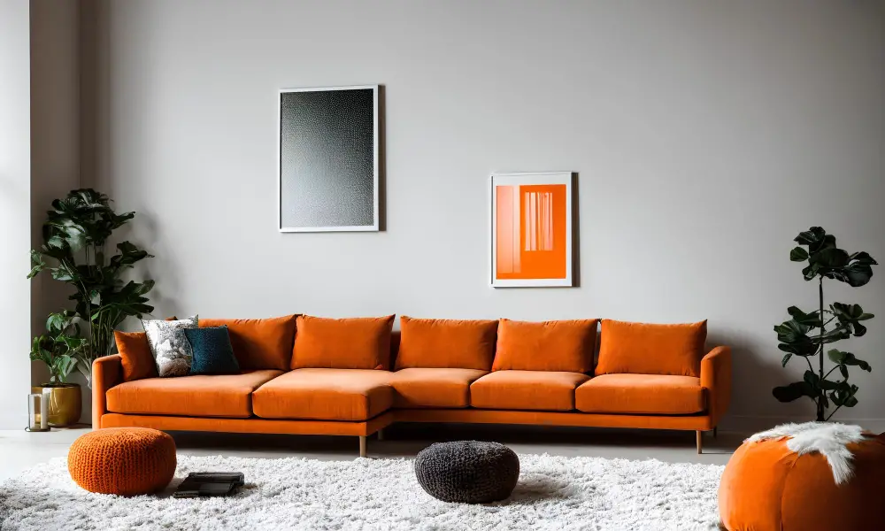 Caramel Couch with orange furnitures