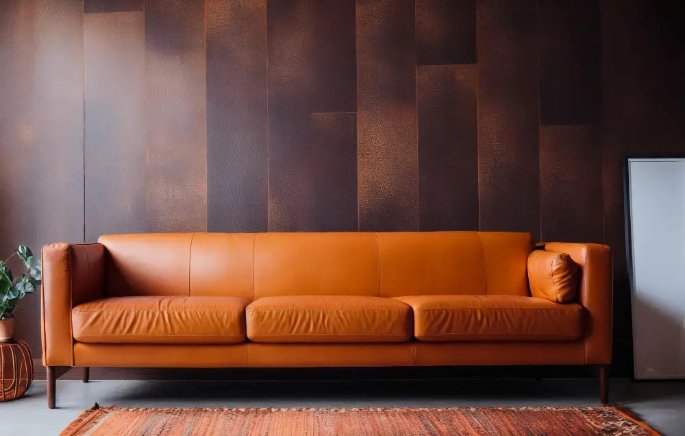 Caramel Couch with orange wall