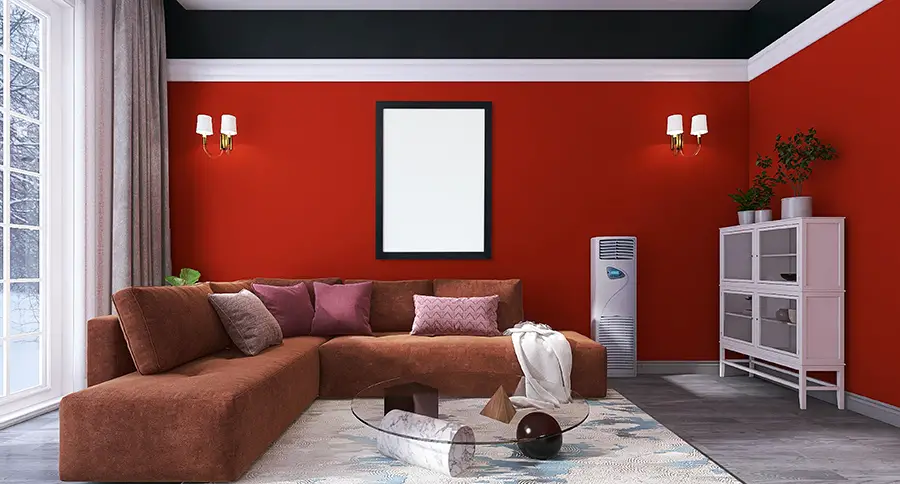 Caramel Couch with red wall