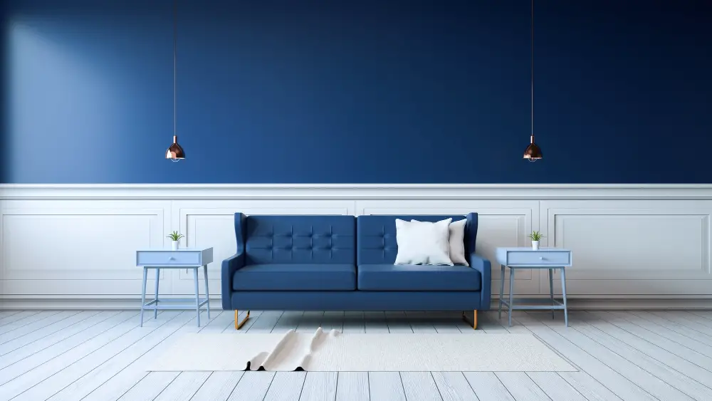 Dark Blue Couch White Rug