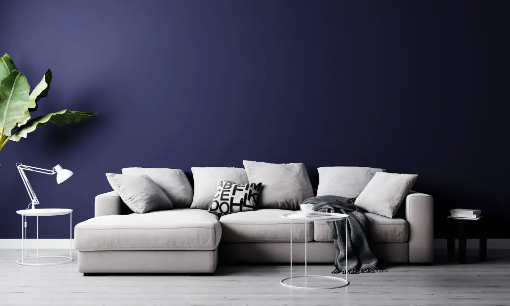 Dark Blue Walls With Gray Couch