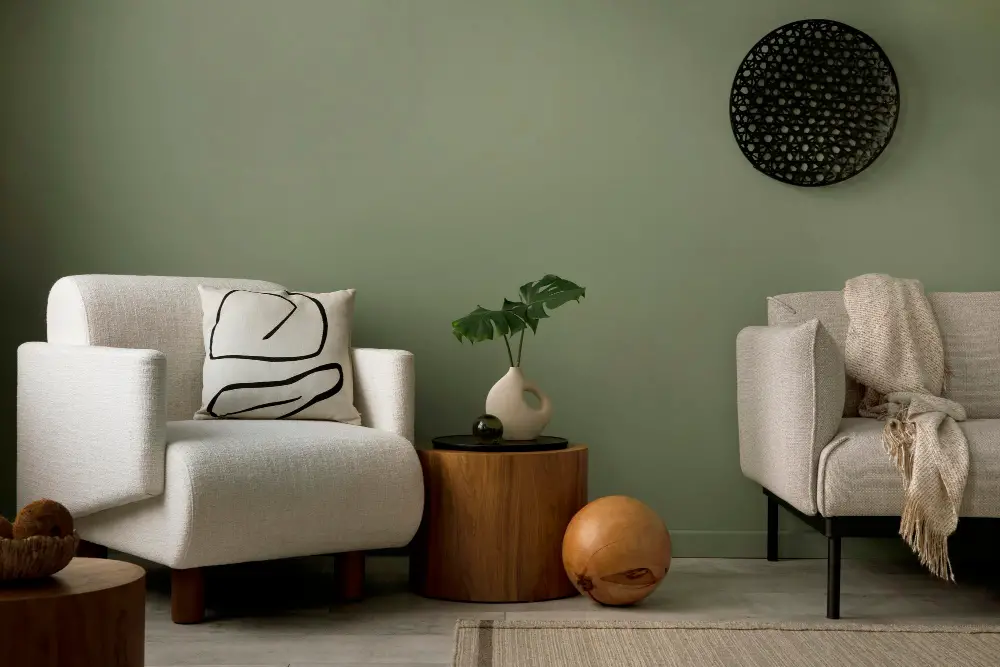 Grey Couch sage green wall