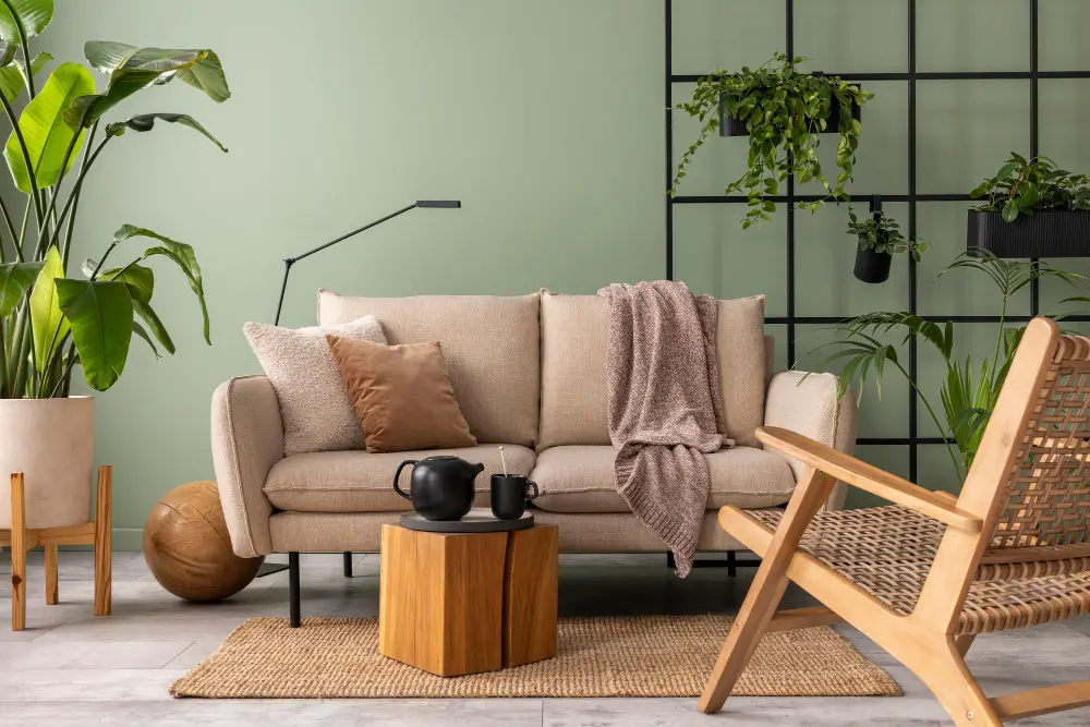 beige couch green wall