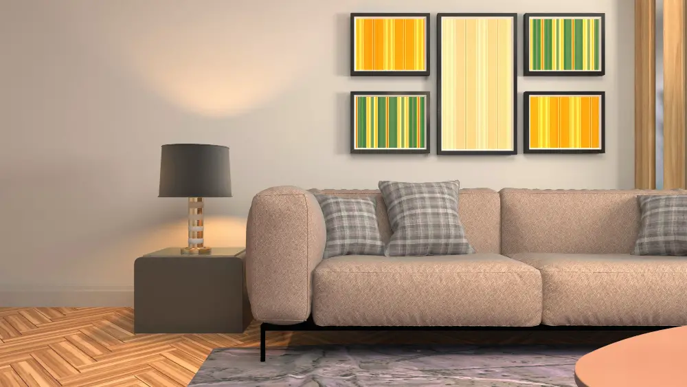 beige couch with Gallery Wall