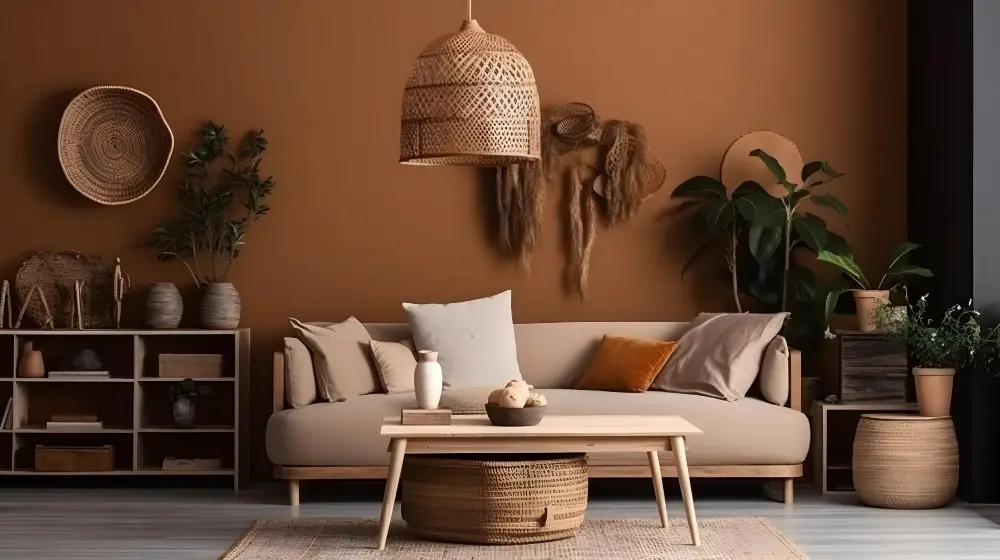 beige couch with brown wall