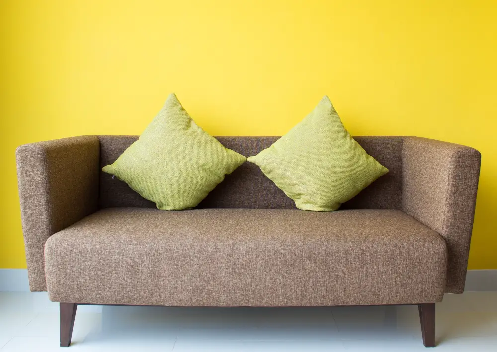 green pillow on brown couch