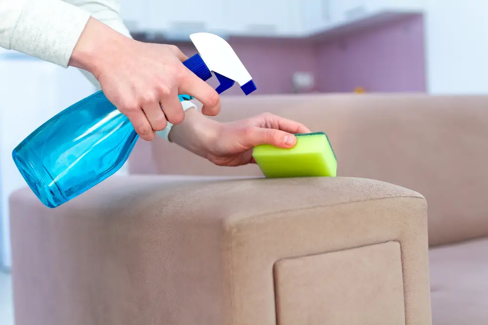 spraying couch with detergent