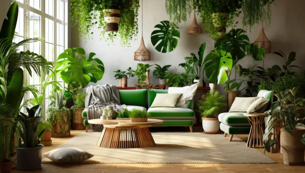 Beige Rug Green Couch Hanging Potted Plants