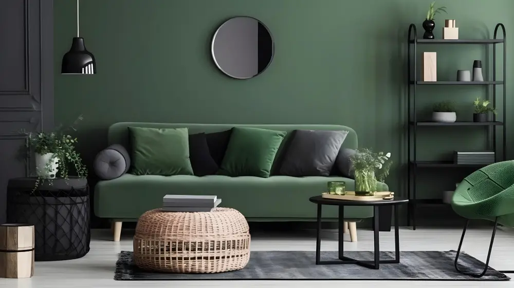Black and White Rug With Green Couch 