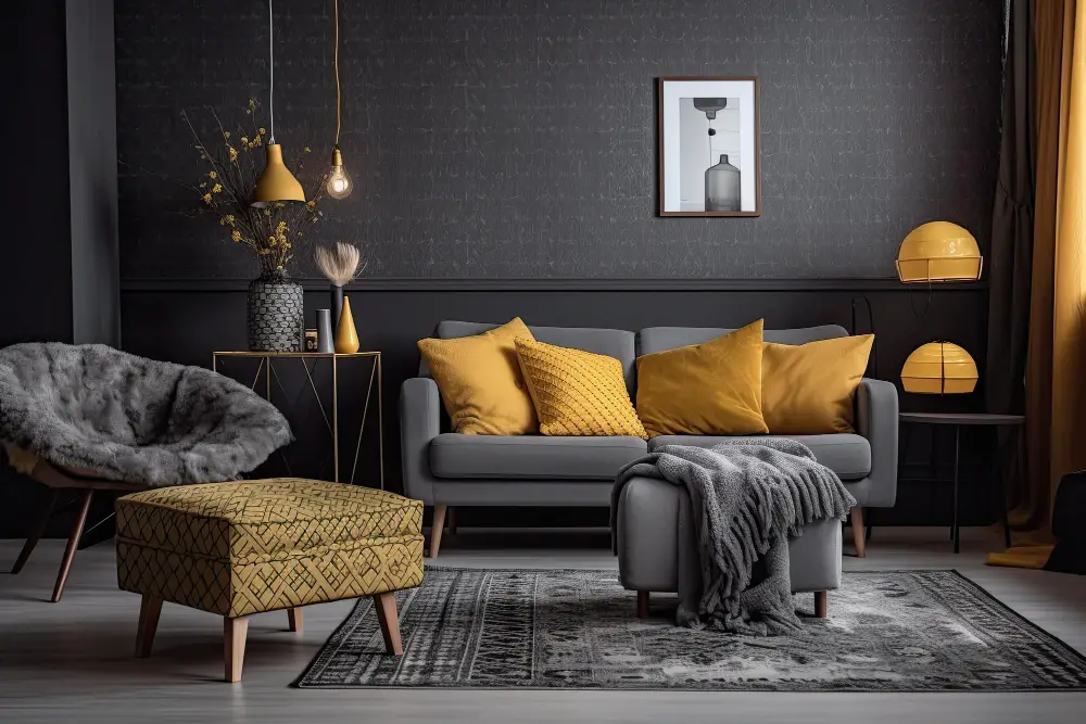 Charcoal Grey Couch Yellow Pillows