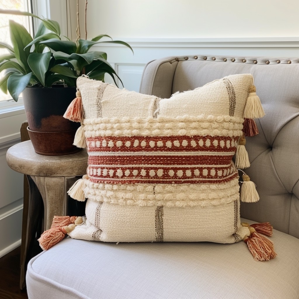 boho chic boucle throw pillow with tassels