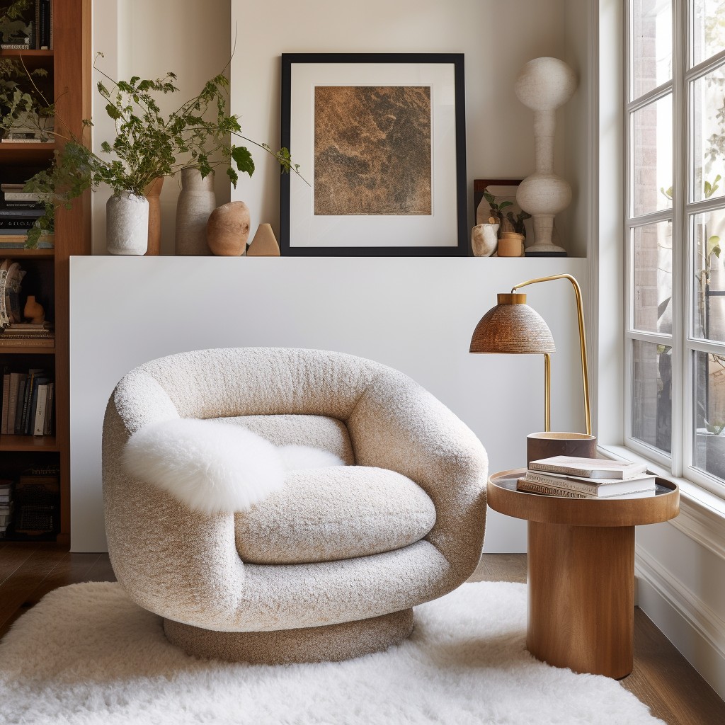 boucle lounge chair in a reading nook