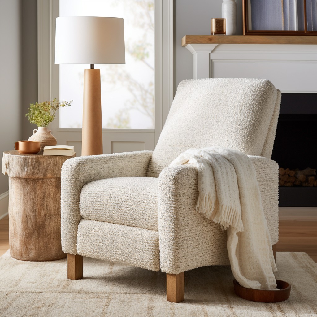 boucle recliner with wooden legs