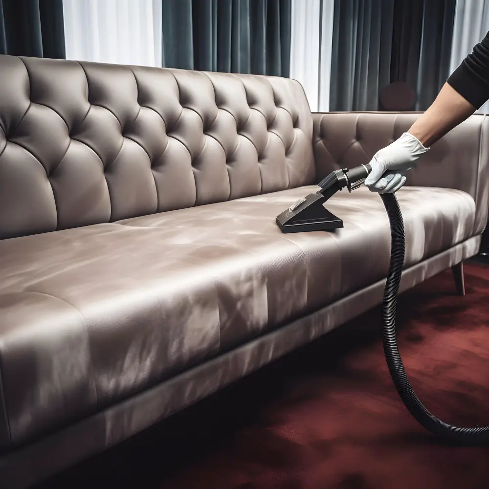 cleaning leather couch with a vacuum cleaner