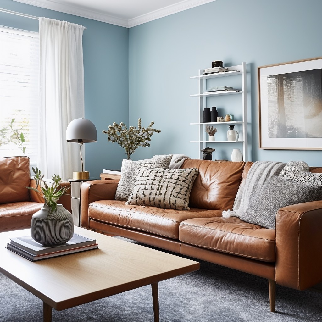 contrast a brown sofa with cool blues