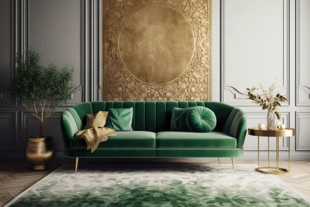 green couch and a green patterned rug 