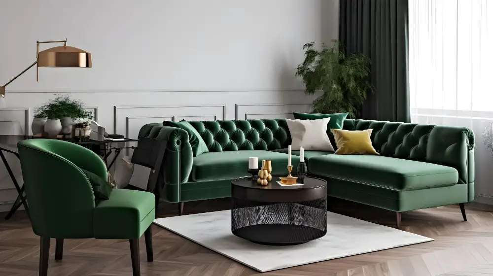 green couch small sofa white rug coffee table grey wall