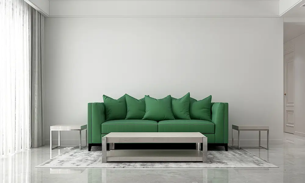 green couch sofa big rug placement
