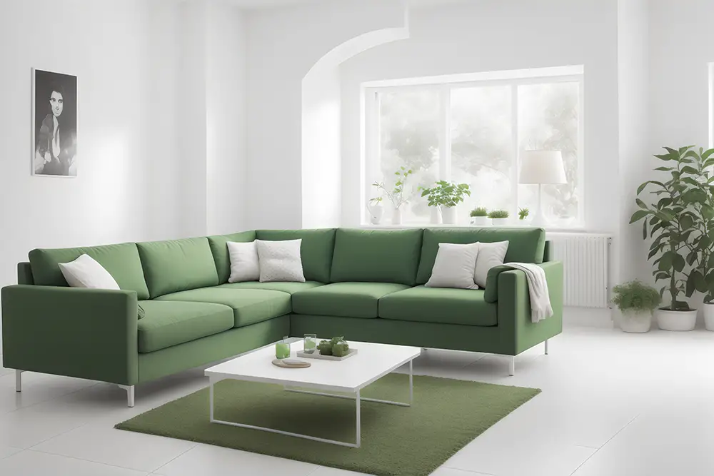 green couch sofa green rug monochrome