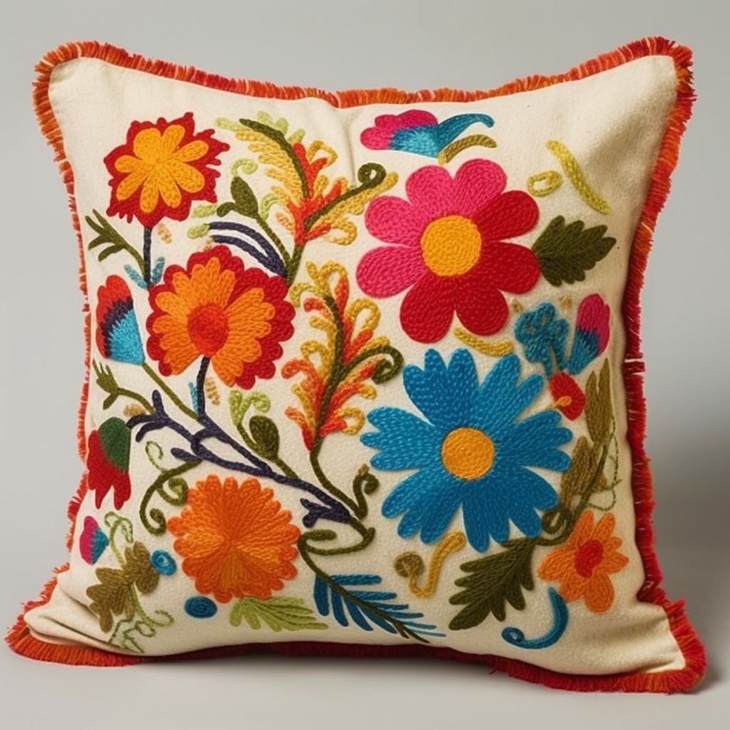 traditional embroided boucle throw pillow