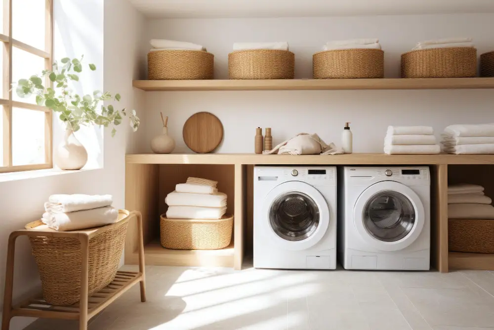 Benefits of Covering Pipes in the Laundry Room - Wooden Open Shelves