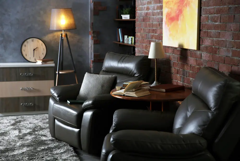 Black Recliner Sofa with Floor Lamps