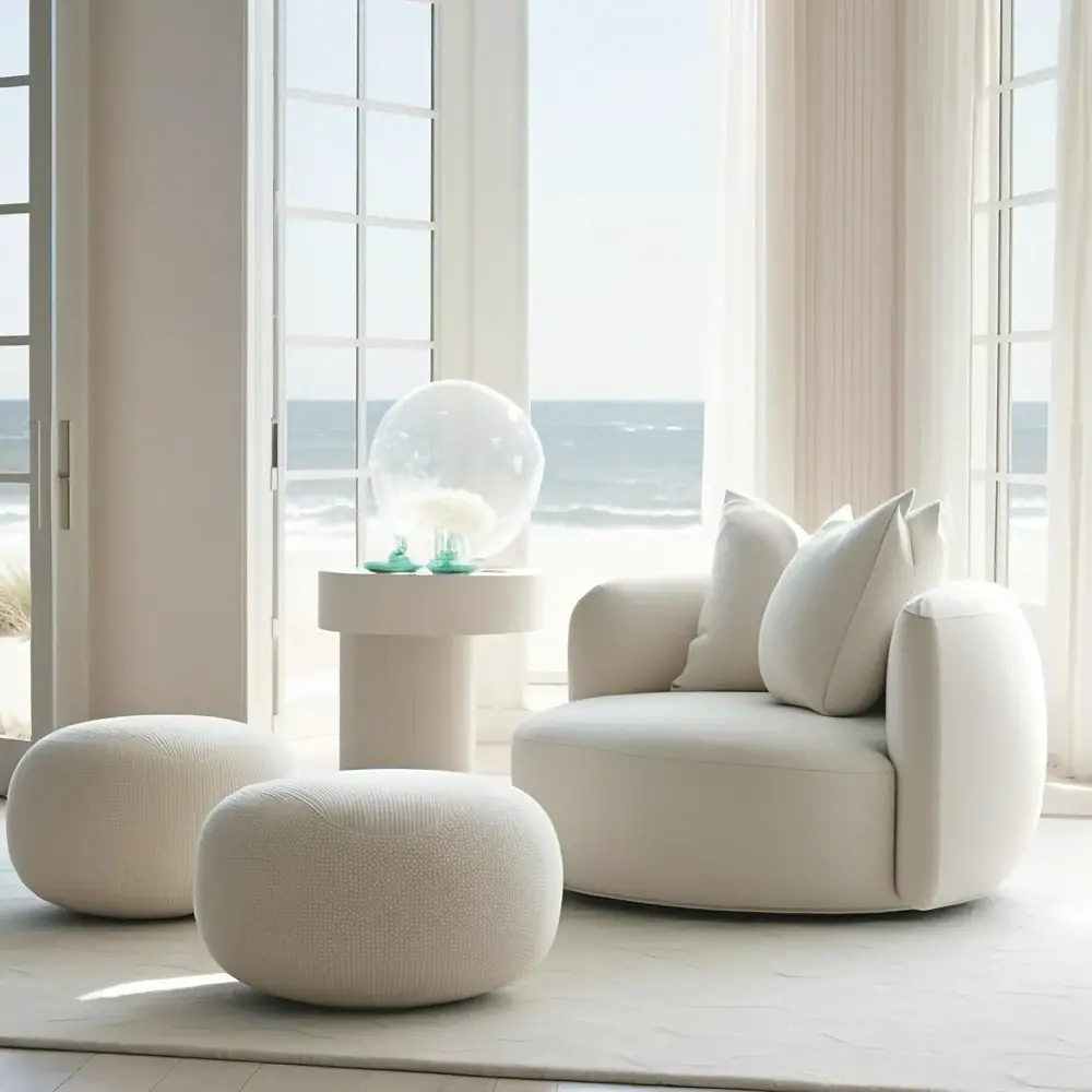 Boucle Chair Combined With an Ottoman for a Lounge Area
