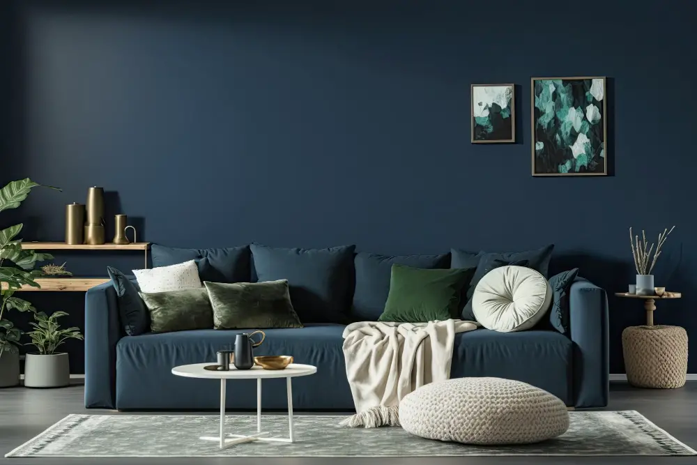 Dark Blue Couch Macrame White Ottoman