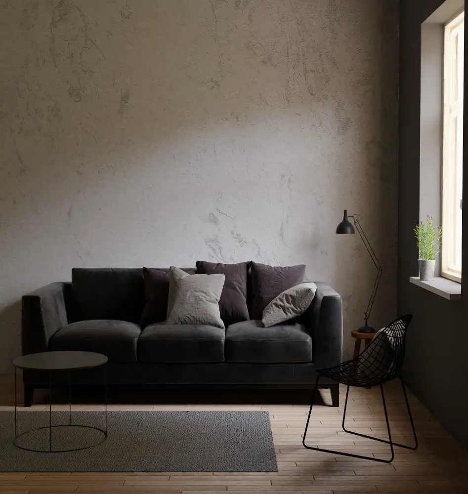 Dark Grey Couch Dark Color Rug Black Coffee Table Concrete Wall