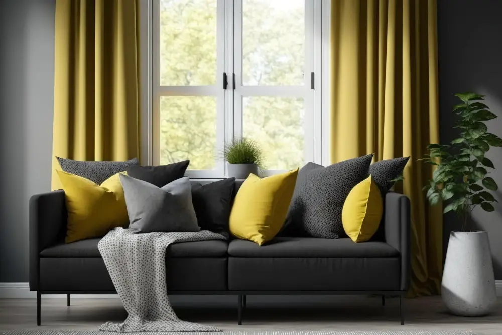 Dark Grey Couch Sofa Throw Blanket Yellow Curtain Pillows Light Grey