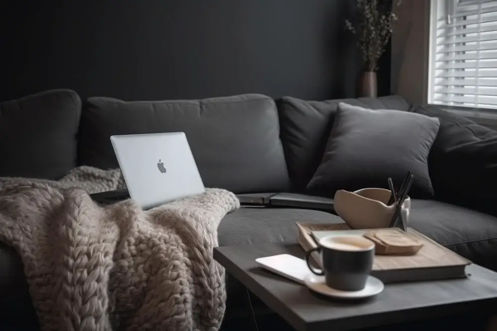Dark Grey Couch Sofa with Throw Blanket Cozy Winter