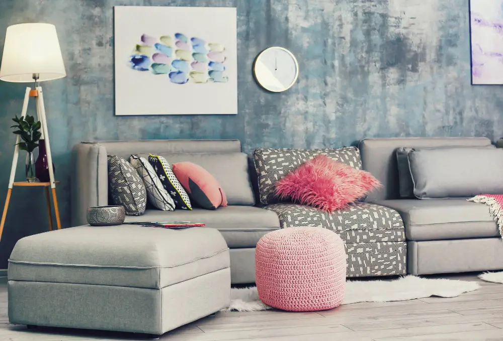 Grey Couch Pink Grey Pillow Ottoman
