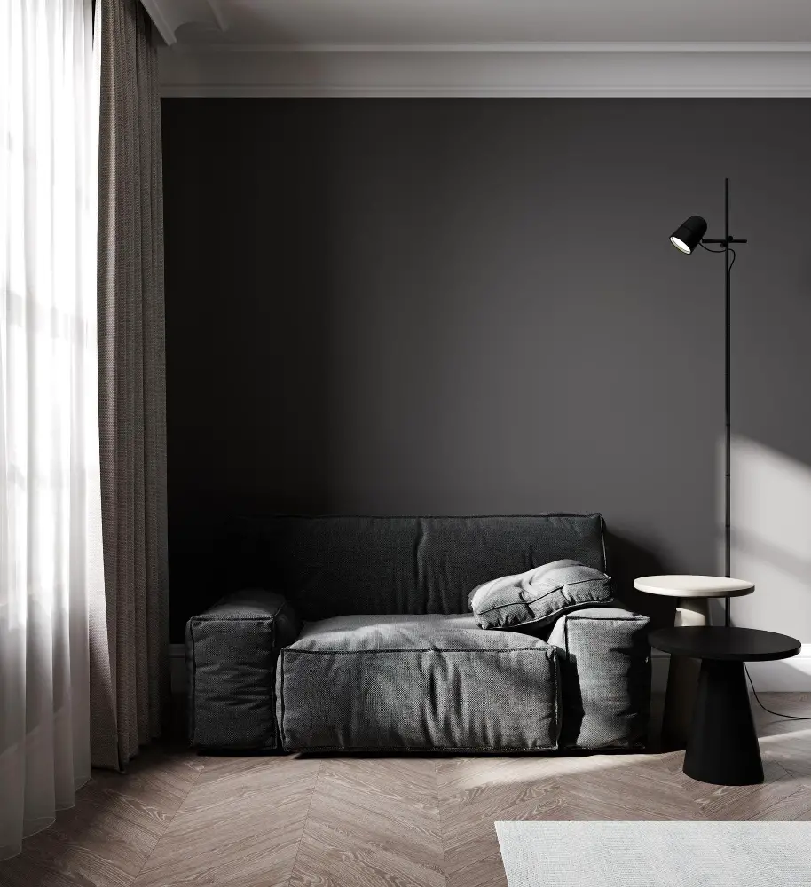 Grey Couch Sofa Corner Floor Light White Curtains