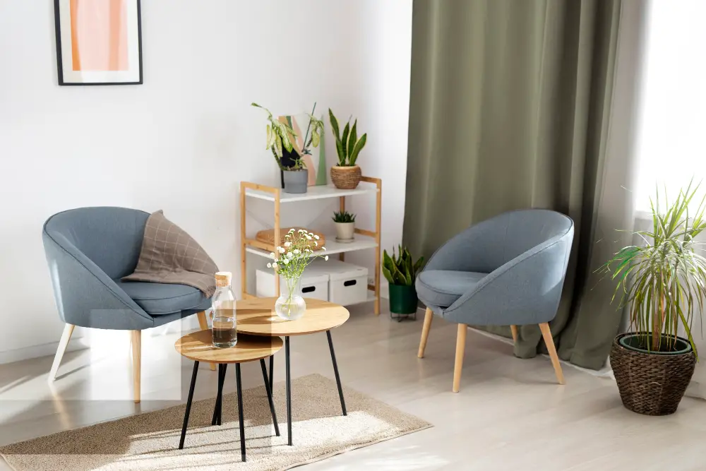 Pair of Blue Boucle Chairs for a Symmetric Look Living