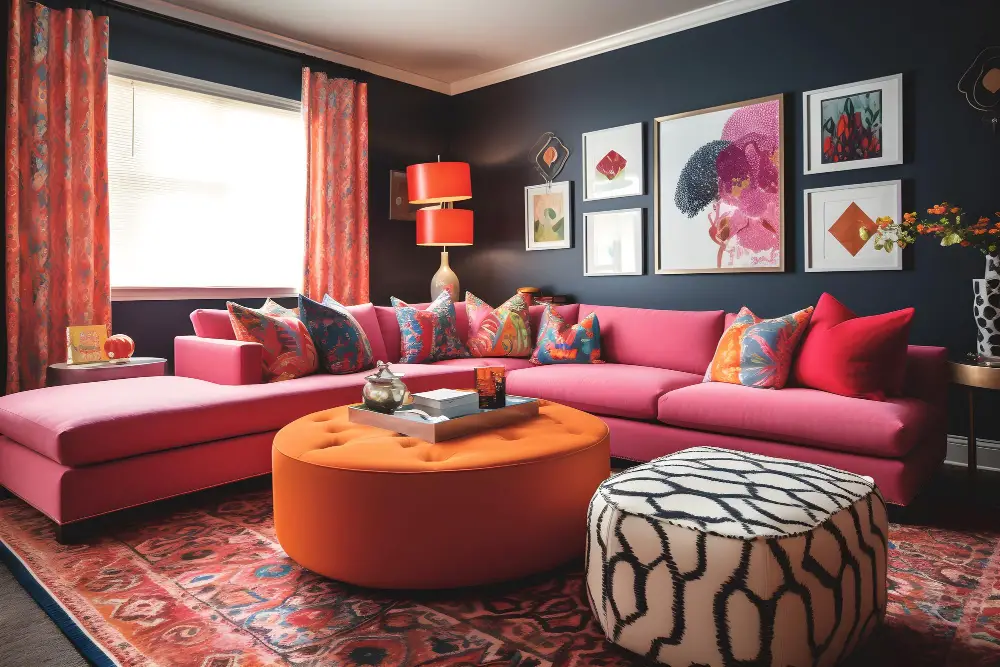 Pink Couch Orange Patterned Ottoman