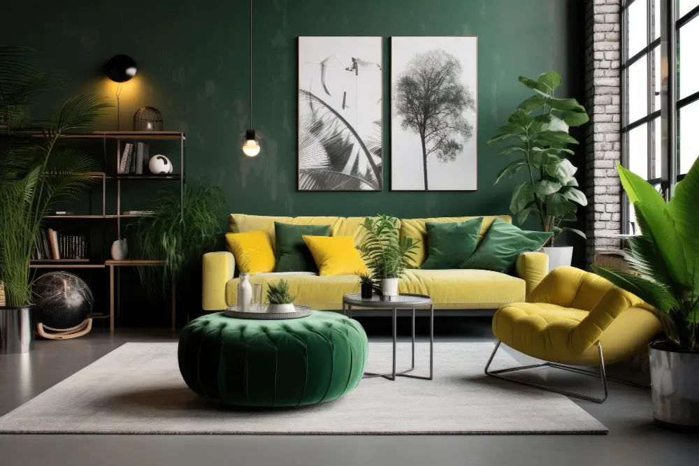 Yellow Velvet Sofa Couch Plants Green Ottoman