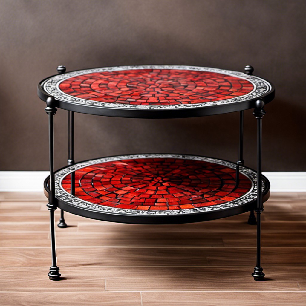 a black wrought iron table with a red mosaic surface