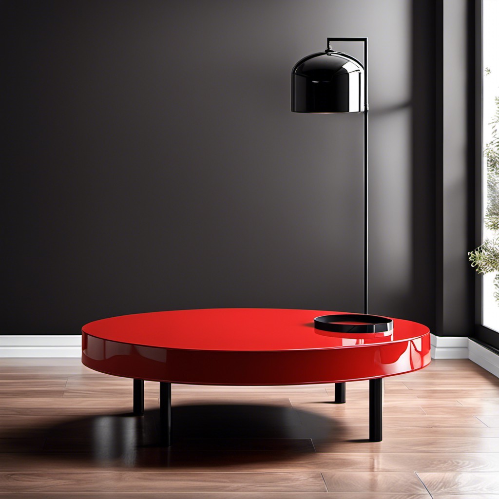 a glossy red table with black metal legs