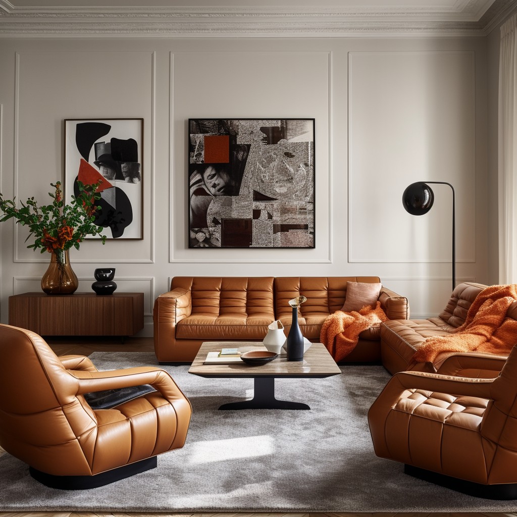 a mix of boucle sofa and leather armchairs