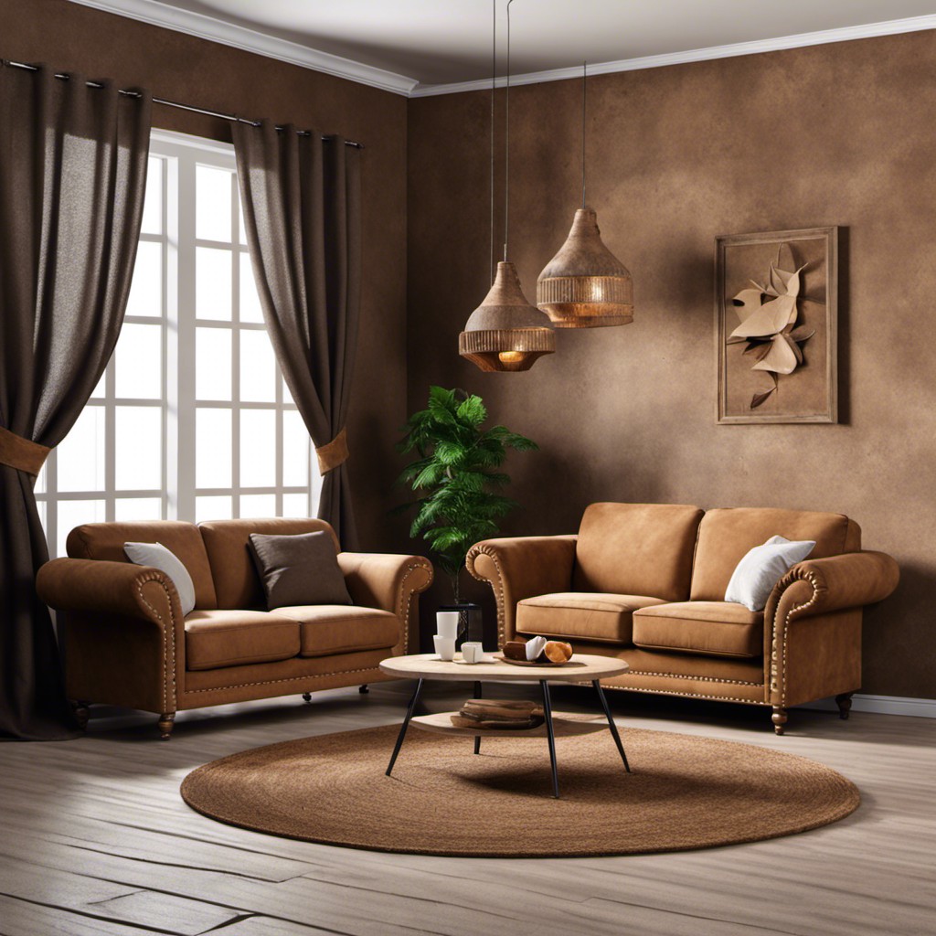 a rustic style with coffee colored suede sofa